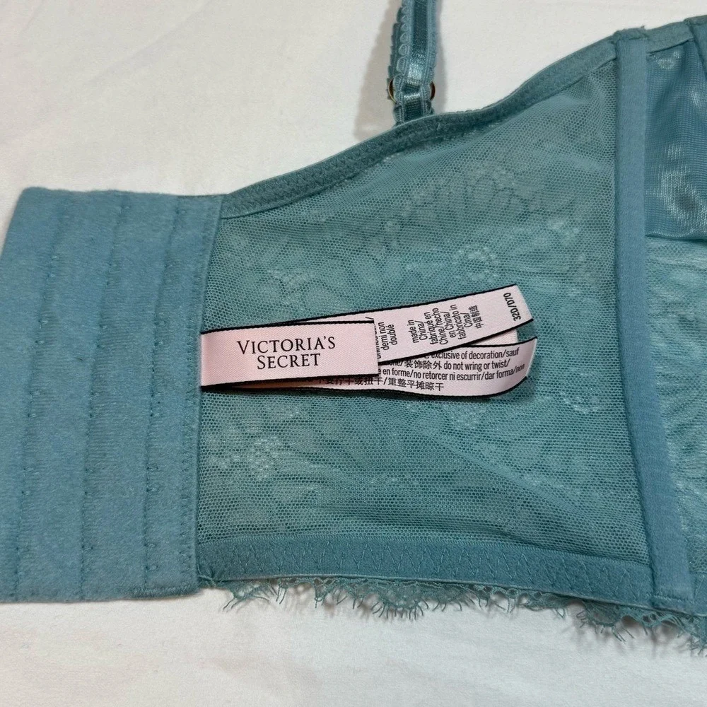Victorias Secret Teal Floral Lace Longline/Corset Bra‎ Unlined Underwire 32D